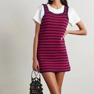 Re/Done Red & Navy Blue Striped 70s Crochet Tank Dress, Size L, NWT! $395